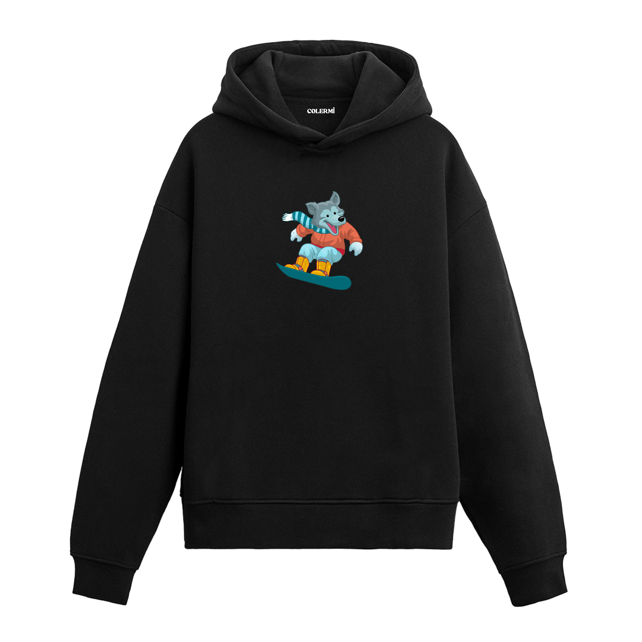 Snowboard yapan kurt baskılı hoodie – enerjik kış temalı tasarım