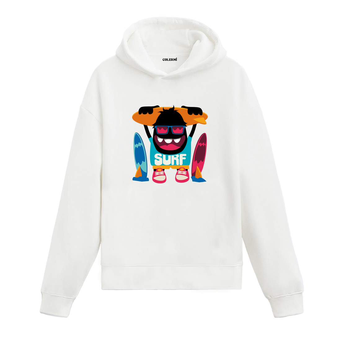 Sörf tahtası taşıyan renkli canavar baskılı hoodie – enerjik ve eğlenceli tasarım