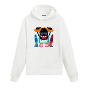 Sörf tahtası taşıyan renkli canavar baskılı hoodie – enerjik ve eğlenceli tasarım