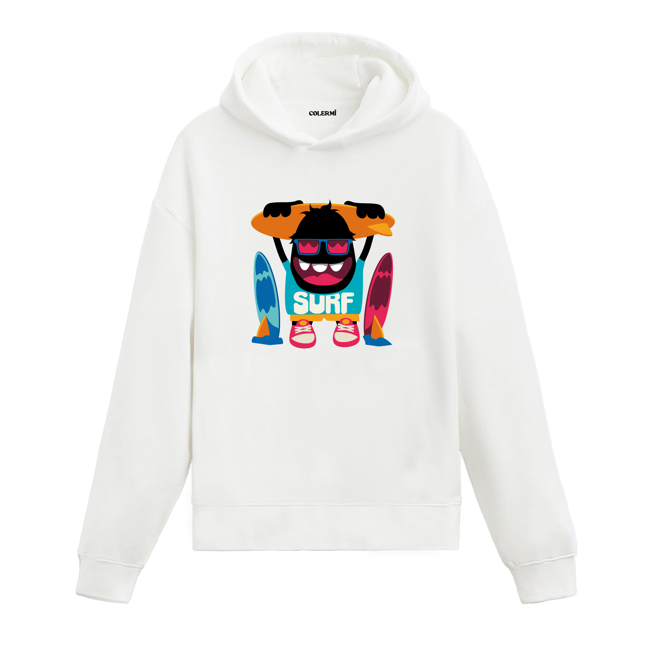 Sörf tahtası taşıyan renkli canavar baskılı hoodie – enerjik ve eğlenceli tasarım