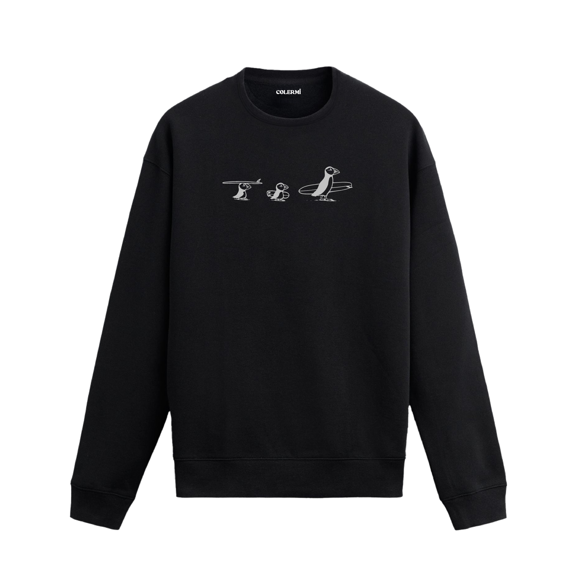 Üç deniz papağanının farklı şekillerde sörf tahtası taşıdığı Colermi sweatshirt.