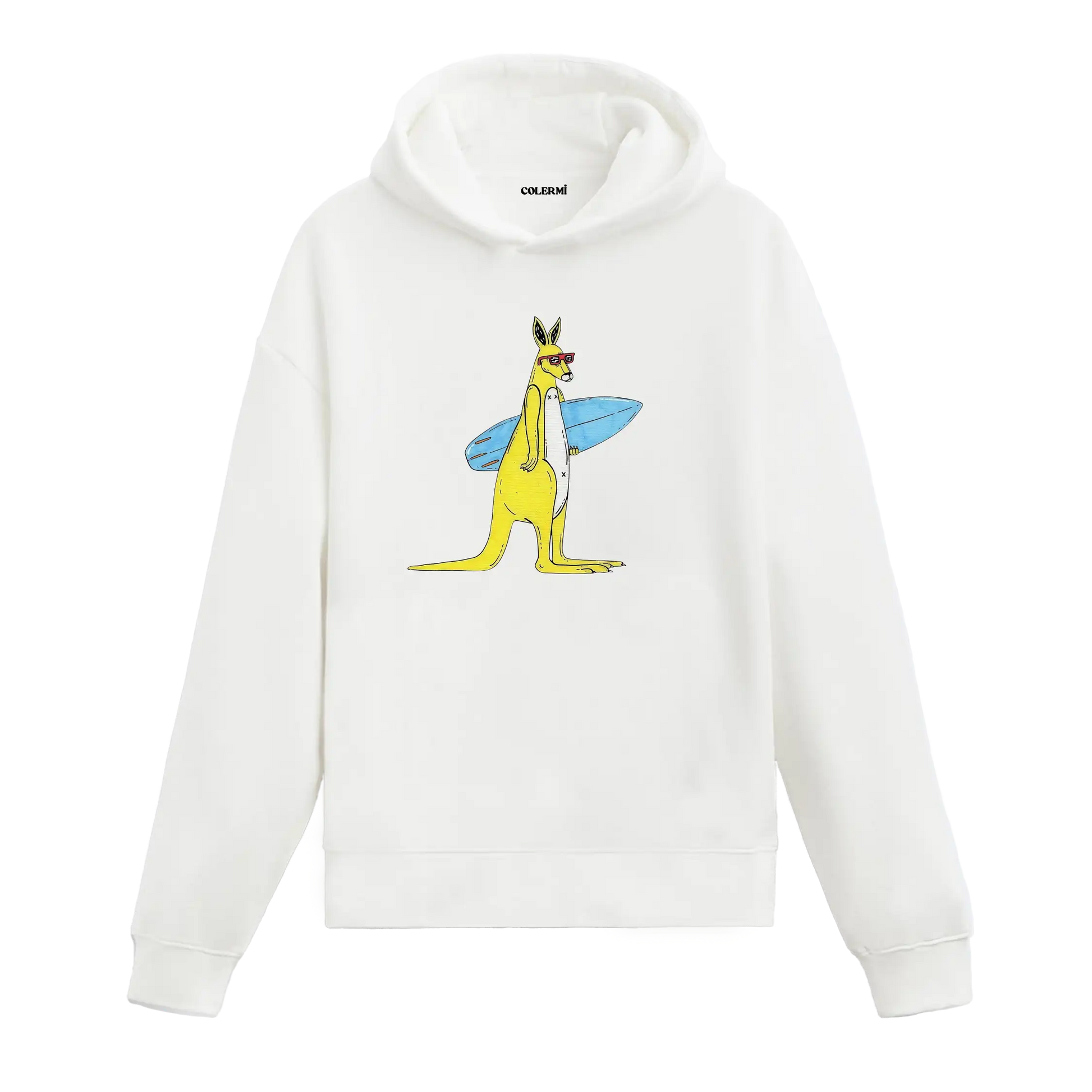Sörf tahtası taşıyan güneş gözlüklü kanguru figürlü Colermi hoodie.
