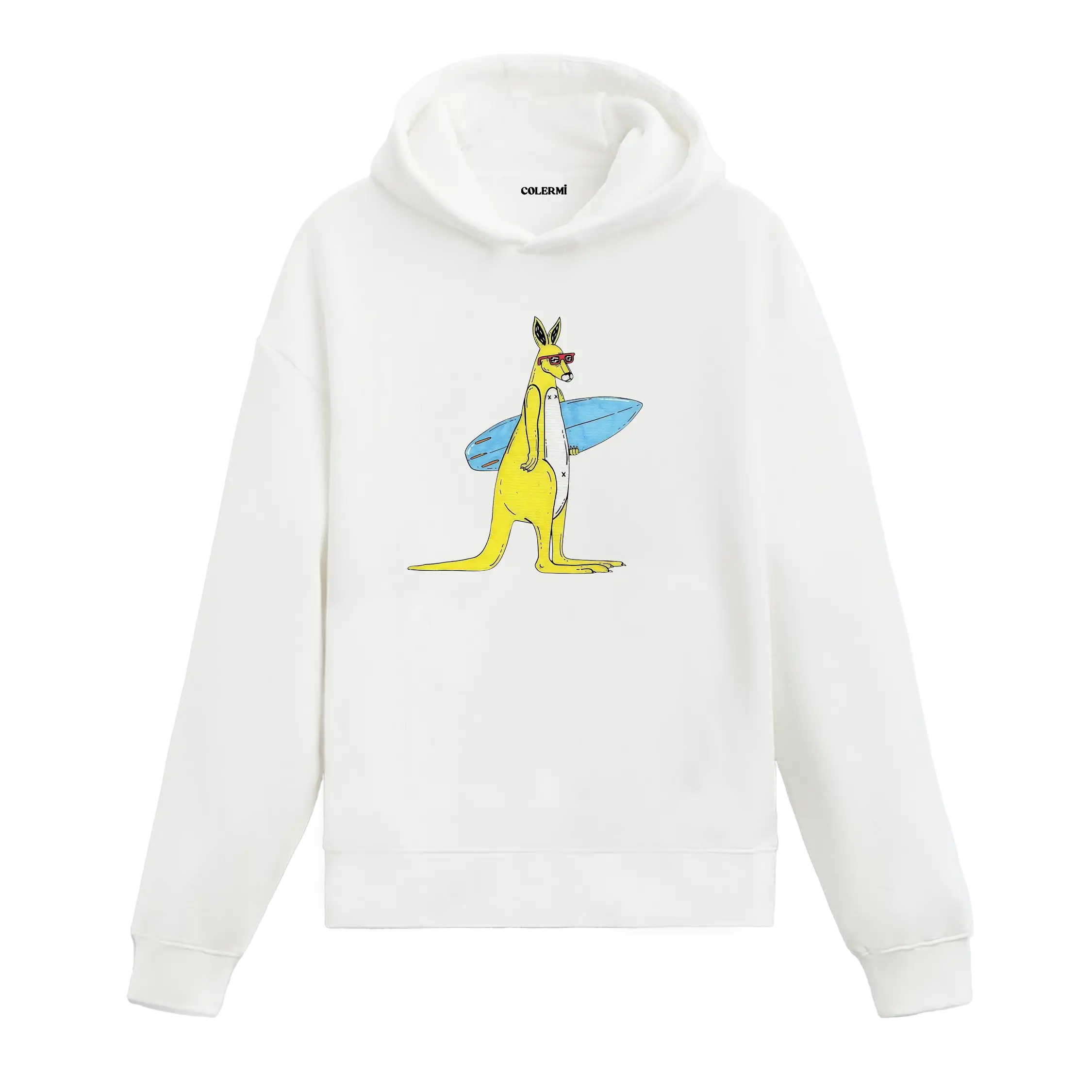 Sörf tahtası taşıyan güneş gözlüklü kanguru figürlü Colermi hoodie.