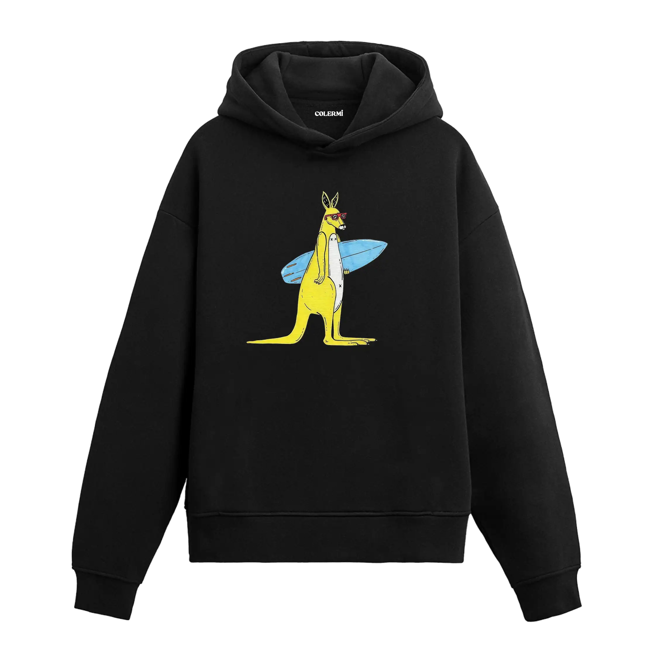 Sörf tahtası taşıyan güneş gözlüklü kanguru figürlü Colermi hoodie.