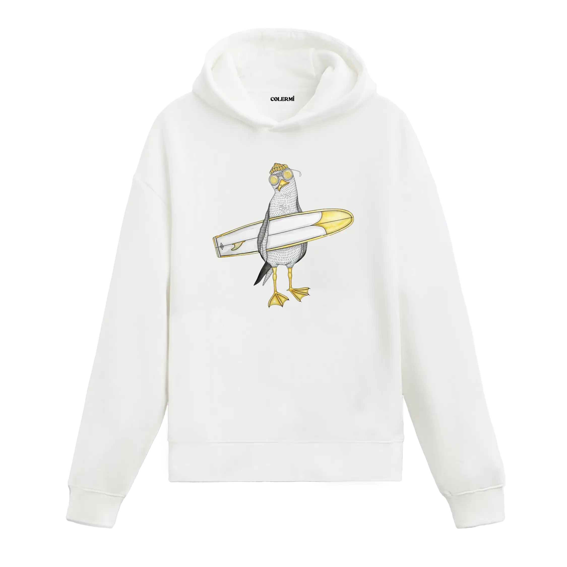 Sörf tahtası taşıyan güneş gözlüklü martı figürlü Colermi hoodie.
