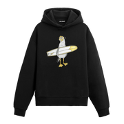 Sörf tahtası taşıyan güneş gözlüklü martı figürlü Colermi hoodie.
