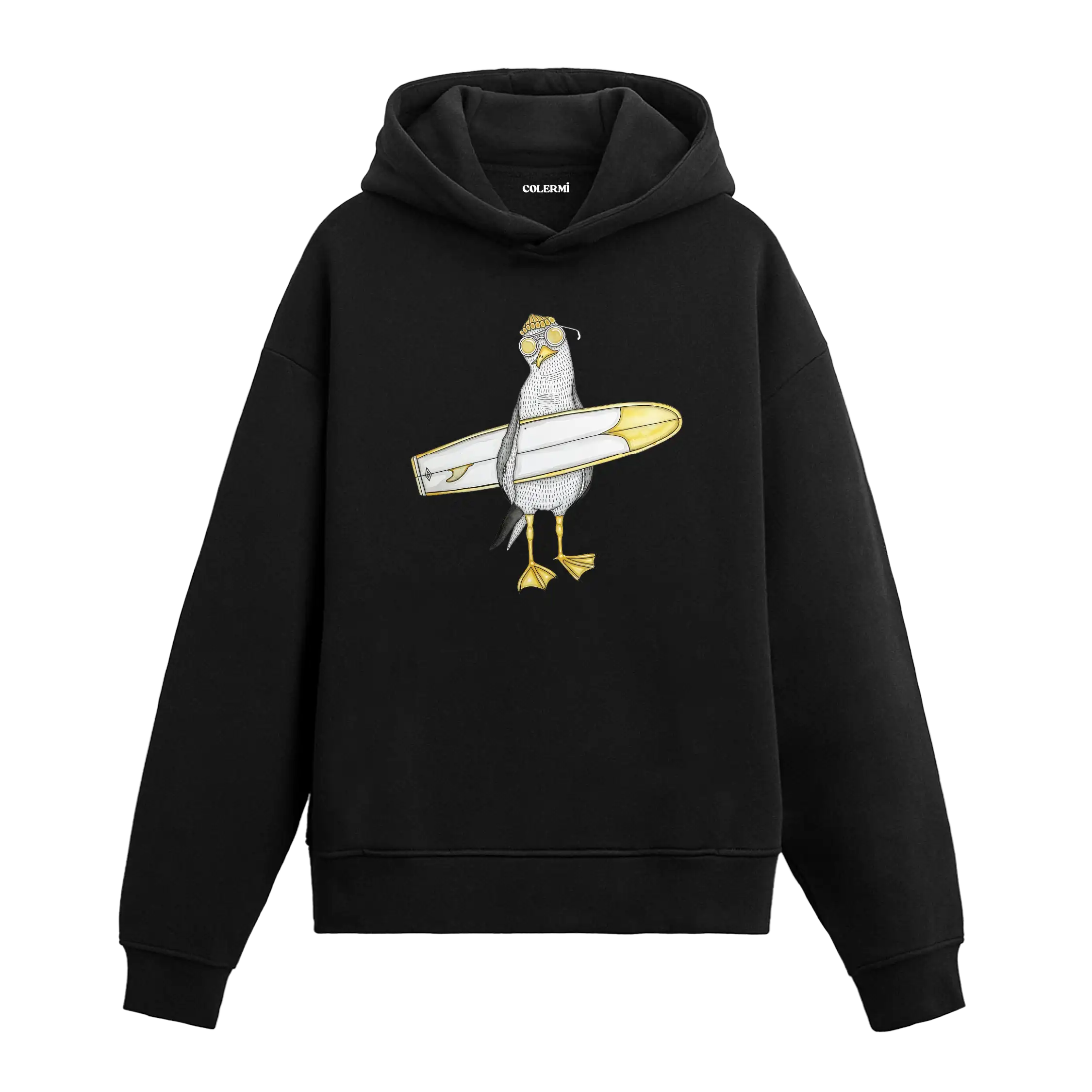 Sörf tahtası taşıyan güneş gözlüklü martı figürlü Colermi hoodie.