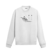 Dalga üzerinde sörf yapan kuş ve arka planda palmiyeler bulunan Colermi sweatshirt.