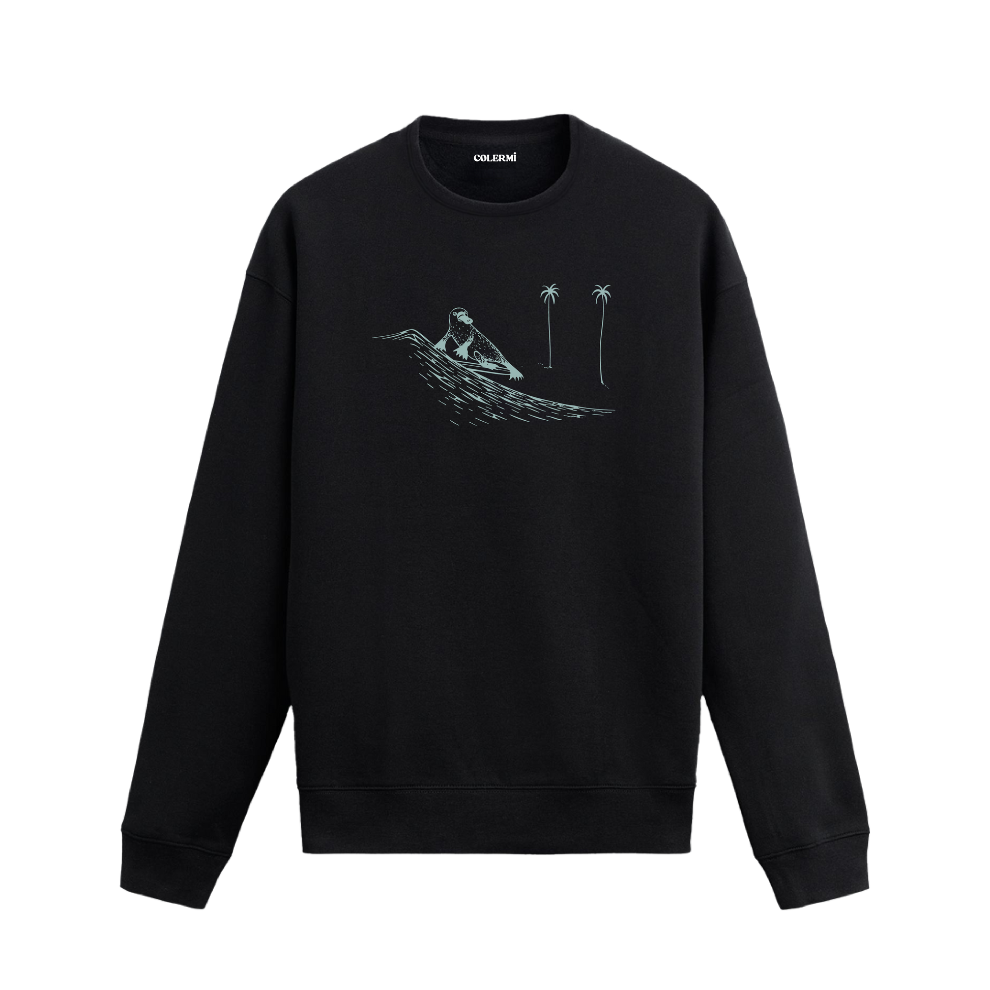 Dalga üzerinde sörf yapan kuş ve arka planda palmiyeler bulunan Colermi sweatshirt.