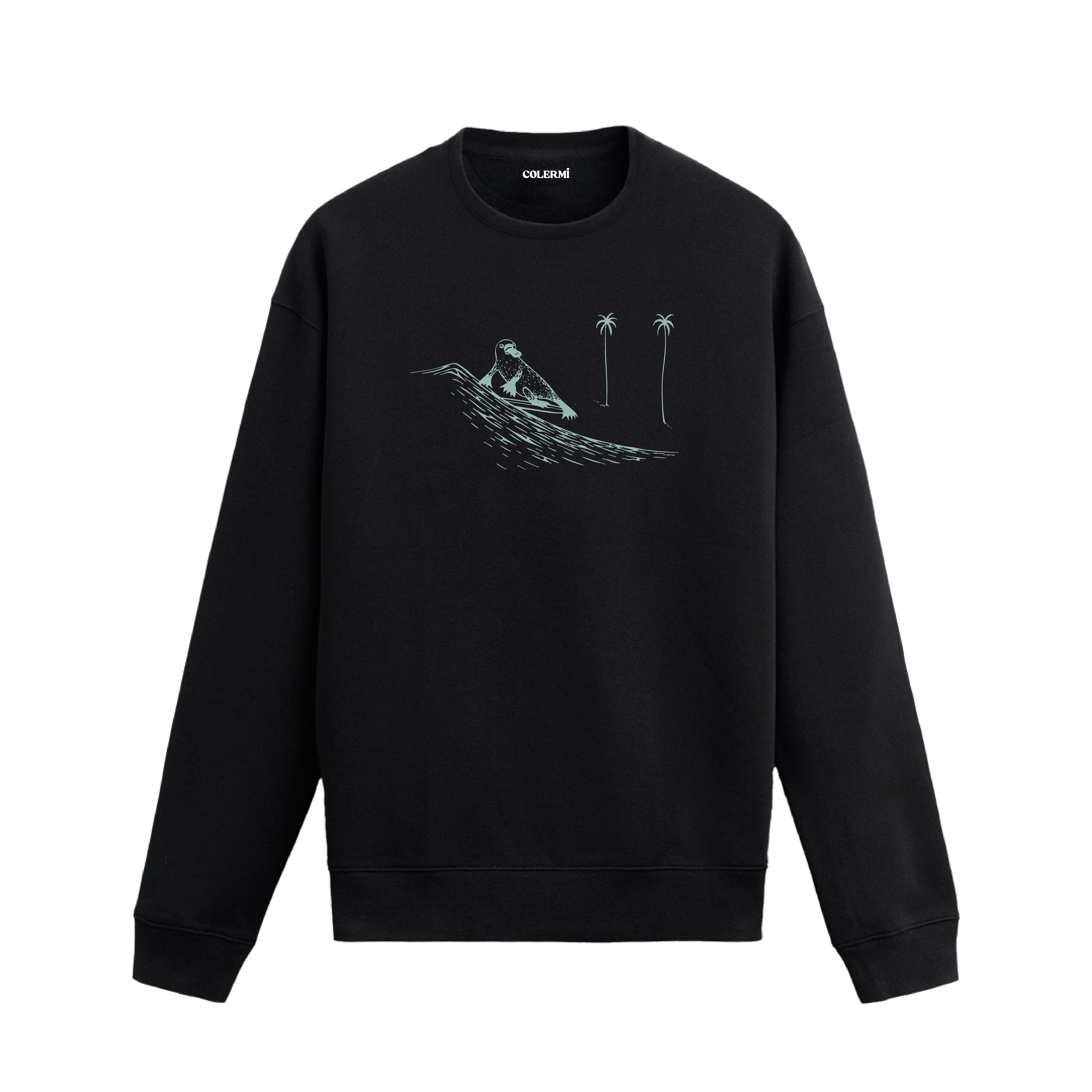 Dalga üzerinde sörf yapan kuş ve arka planda palmiyeler bulunan Colermi sweatshirt.