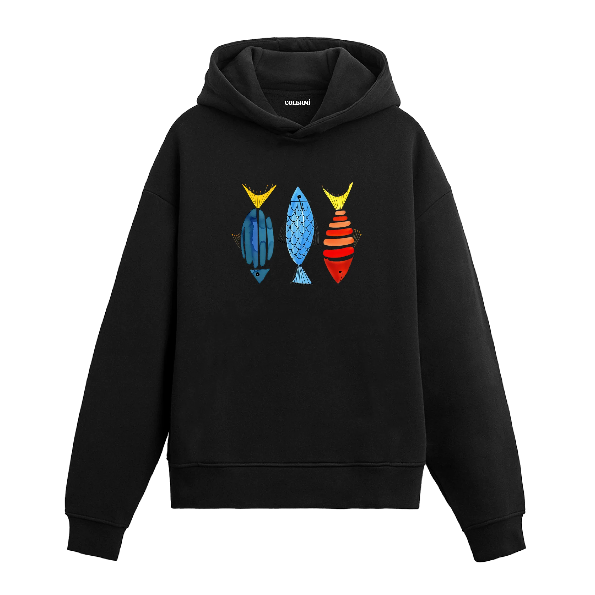 Deniz Temalı Soyut Balık Tasarımlı Hoodie