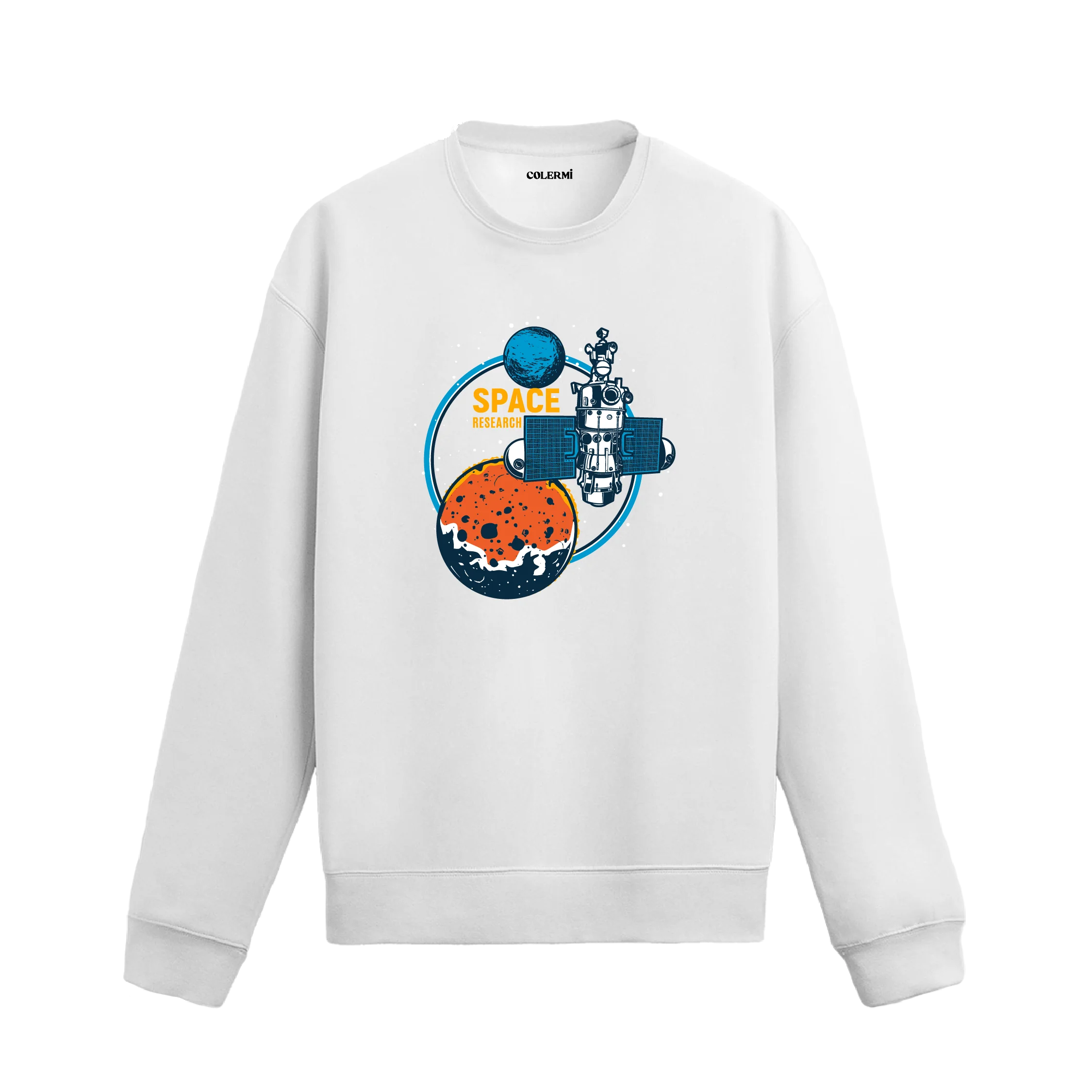 Uzay araştırma temalı sweatshirt üzerinde uydu, gezegen ve “Space Research” yazısı tasarımı