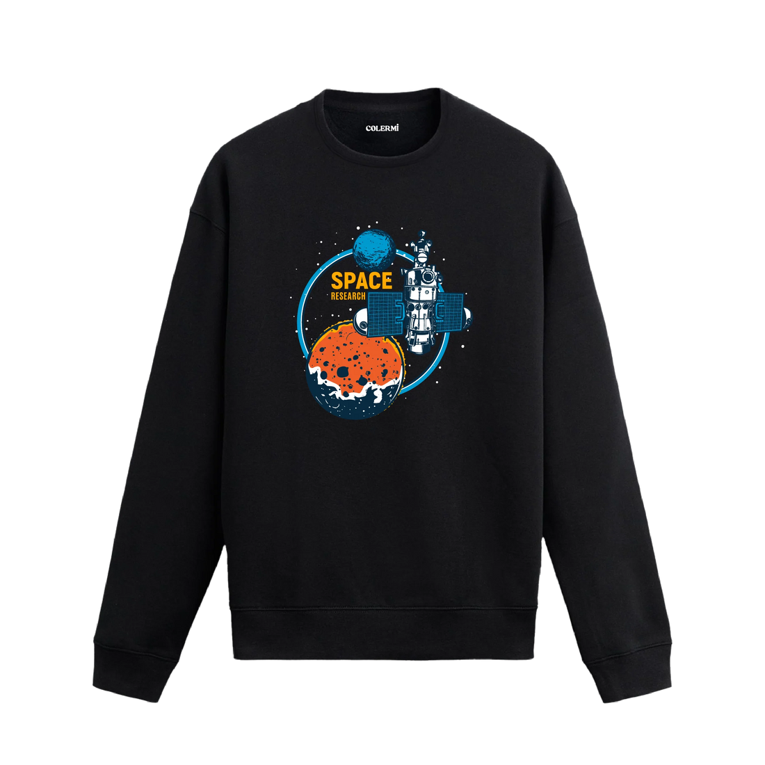 Uzay araştırma temalı sweatshirt üzerinde uydu, gezegen ve “Space Research” yazısı tasarımı