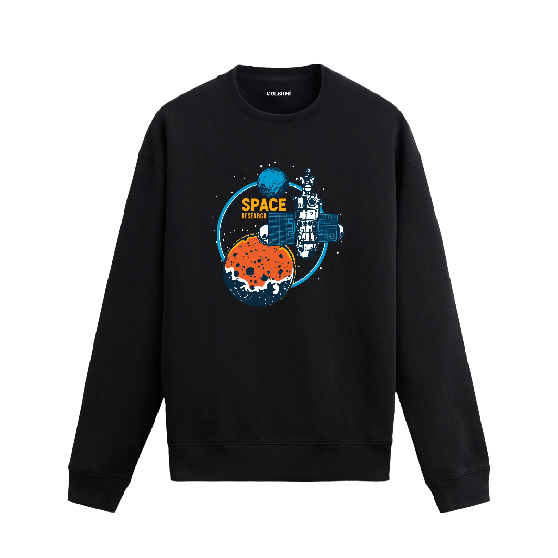 Uzay araştırma temalı sweatshirt üzerinde uydu, gezegen ve “Space Research” yazısı tasarımı