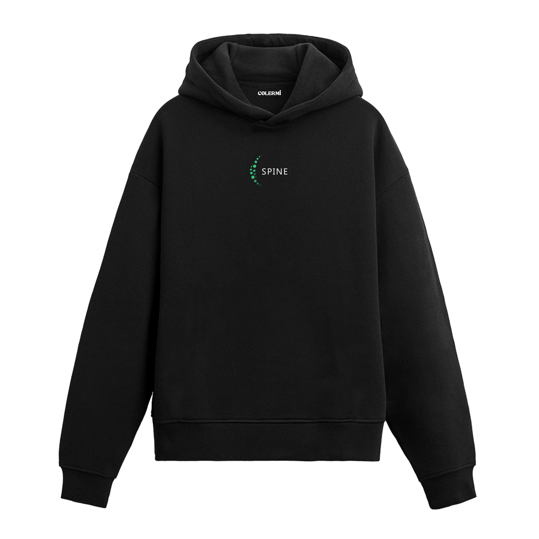Siyah hoodie, omurga tasarımlı Spine yazılı minimal baskı, pamuklu hoodie