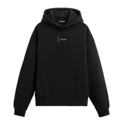 Siyah hoodie, omurga tasarımlı Spine yazılı minimal baskı, pamuklu hoodie