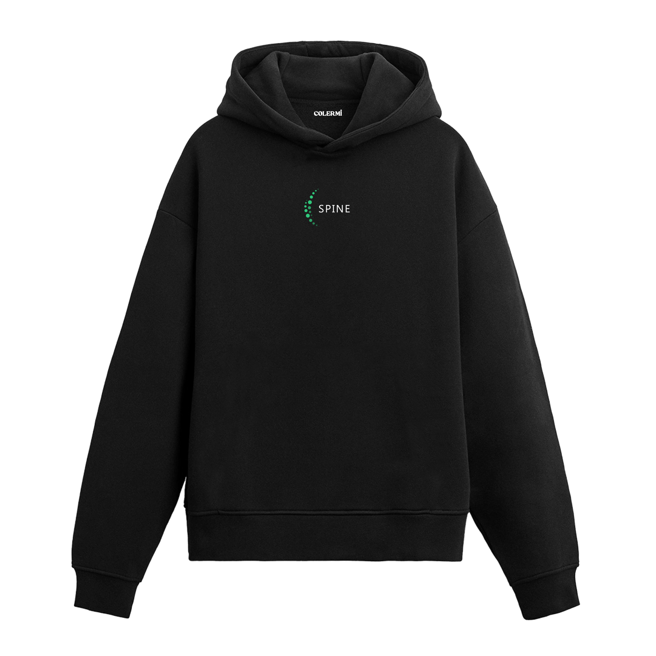 Siyah hoodie, omurga tasarımlı Spine yazılı minimal baskı, pamuklu hoodie