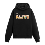 Siyah hoodie üzerinde Stay Alive yazılı doğa temalı tasarım