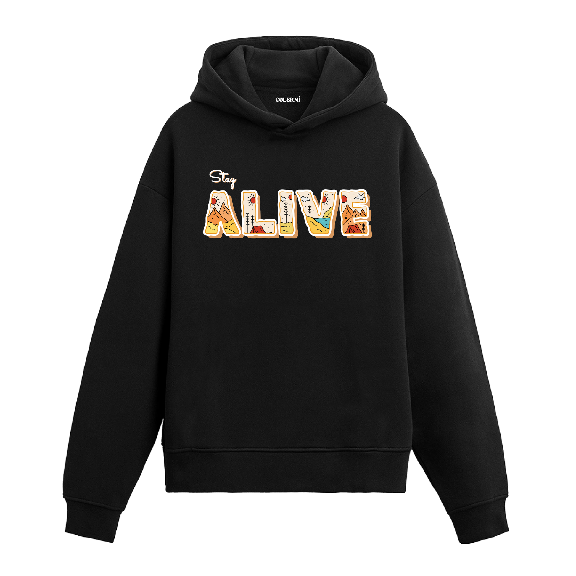 Siyah hoodie üzerinde Stay Alive yazılı doğa temalı tasarım