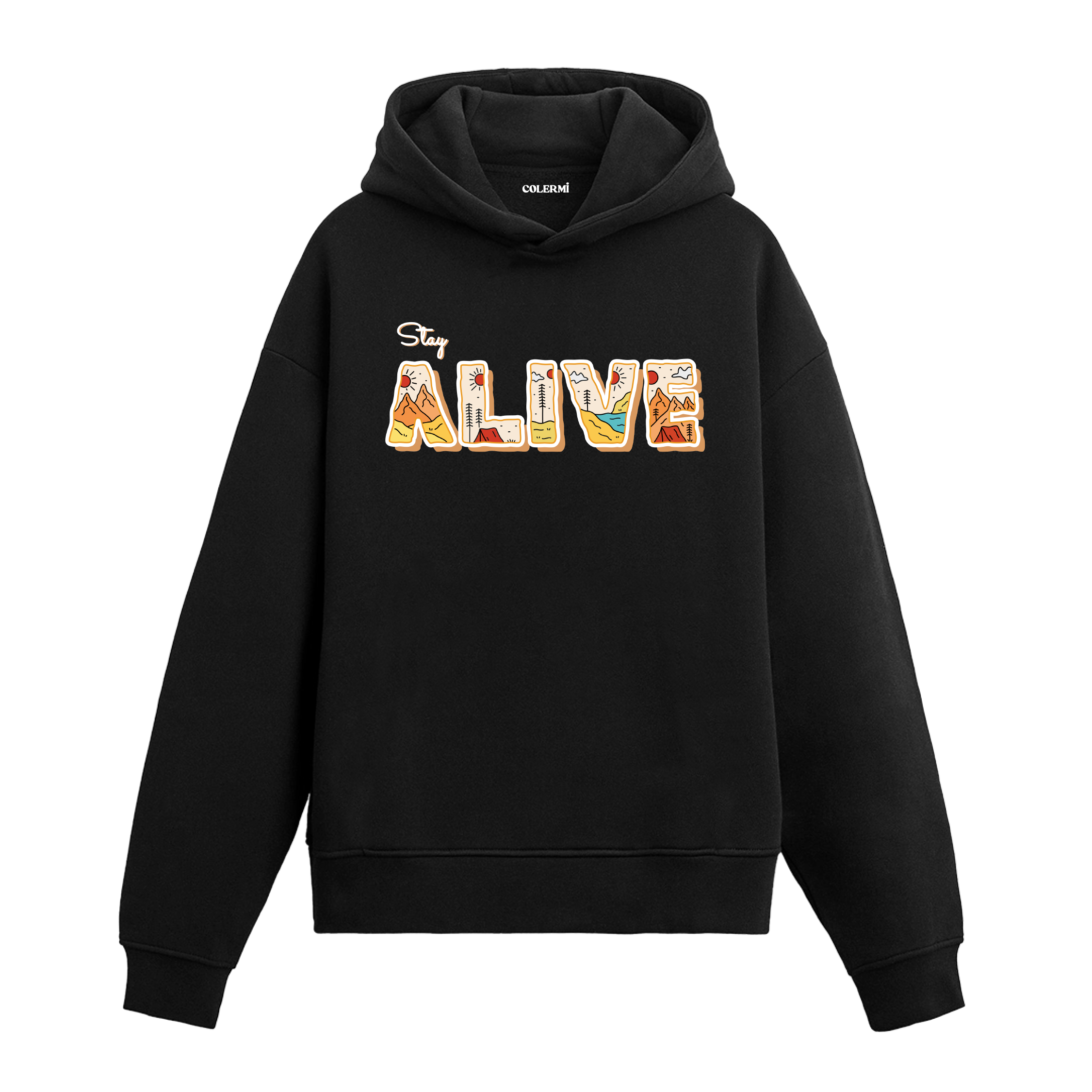 Siyah hoodie üzerinde Stay Alive yazılı doğa temalı tasarım
