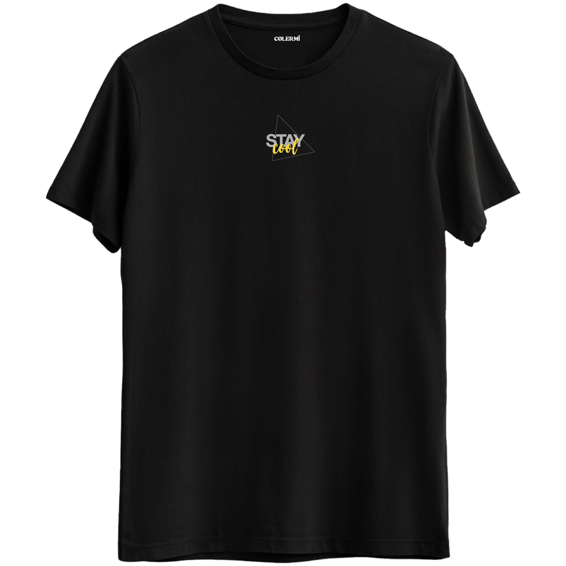 Stay Cool yazılı minimalist tasarım, sakin ve kendinden emin bir duruşu temsil eden Bisiklet Yaka T-Shirt.