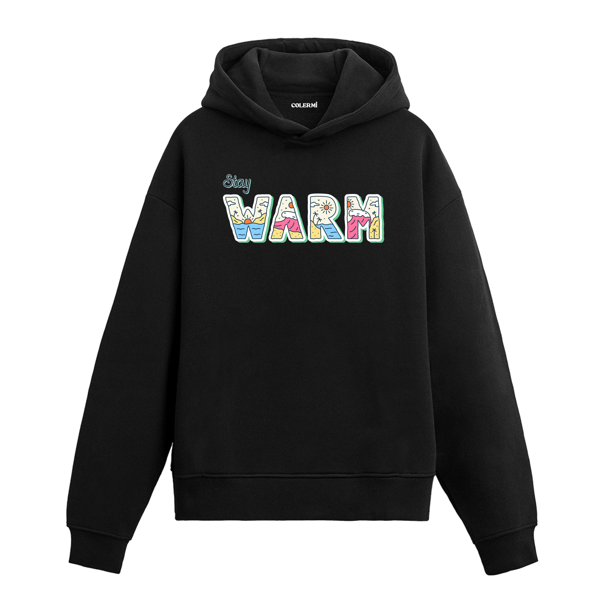 Siyah hoodie üzerinde Stay Warm yazılı doğa temalı tasarım