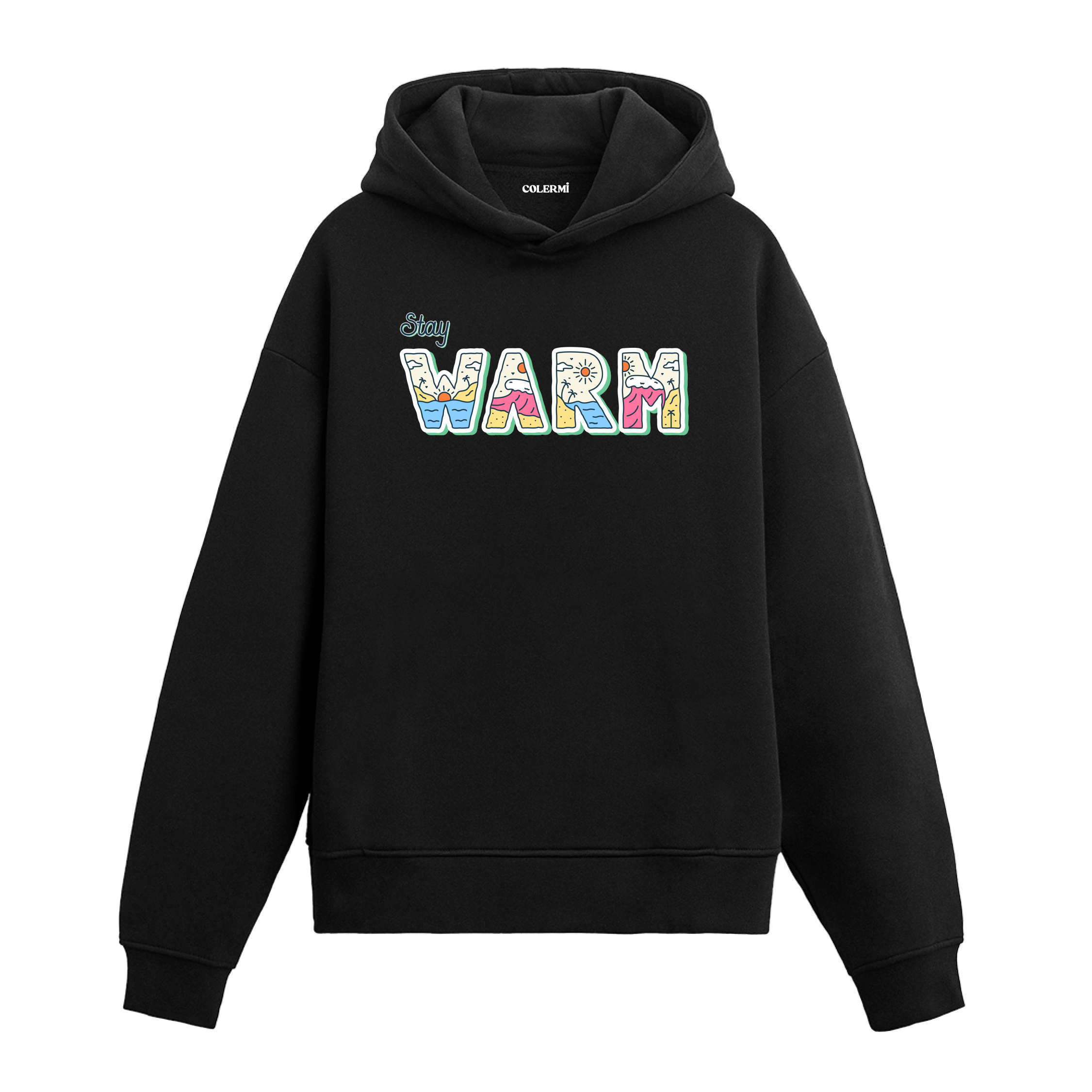 Siyah hoodie üzerinde Stay Warm yazılı doğa temalı tasarım