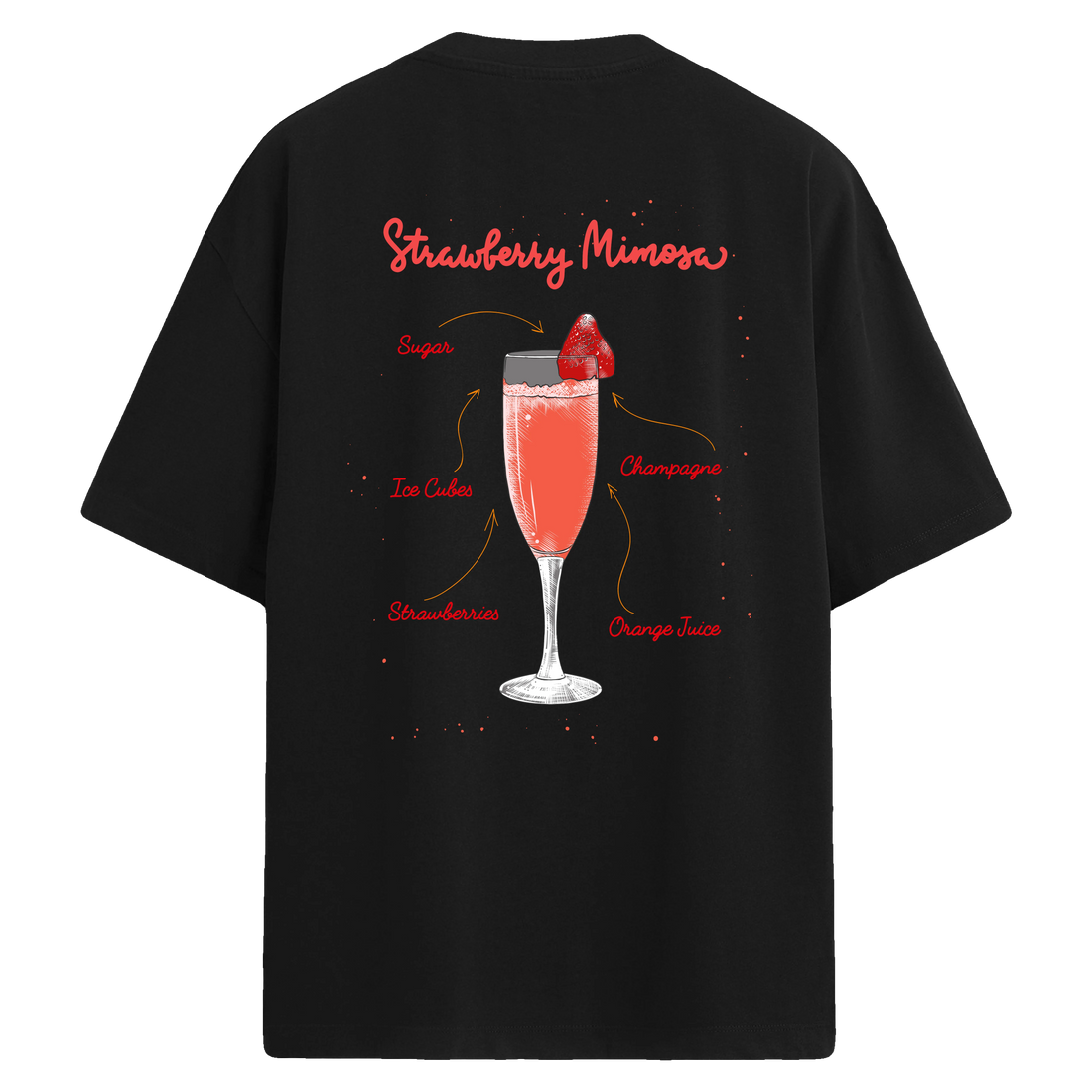 Strawberry Mimosa baskılı, çilekli kokteyl temalı sırt detaylı oversize tişört