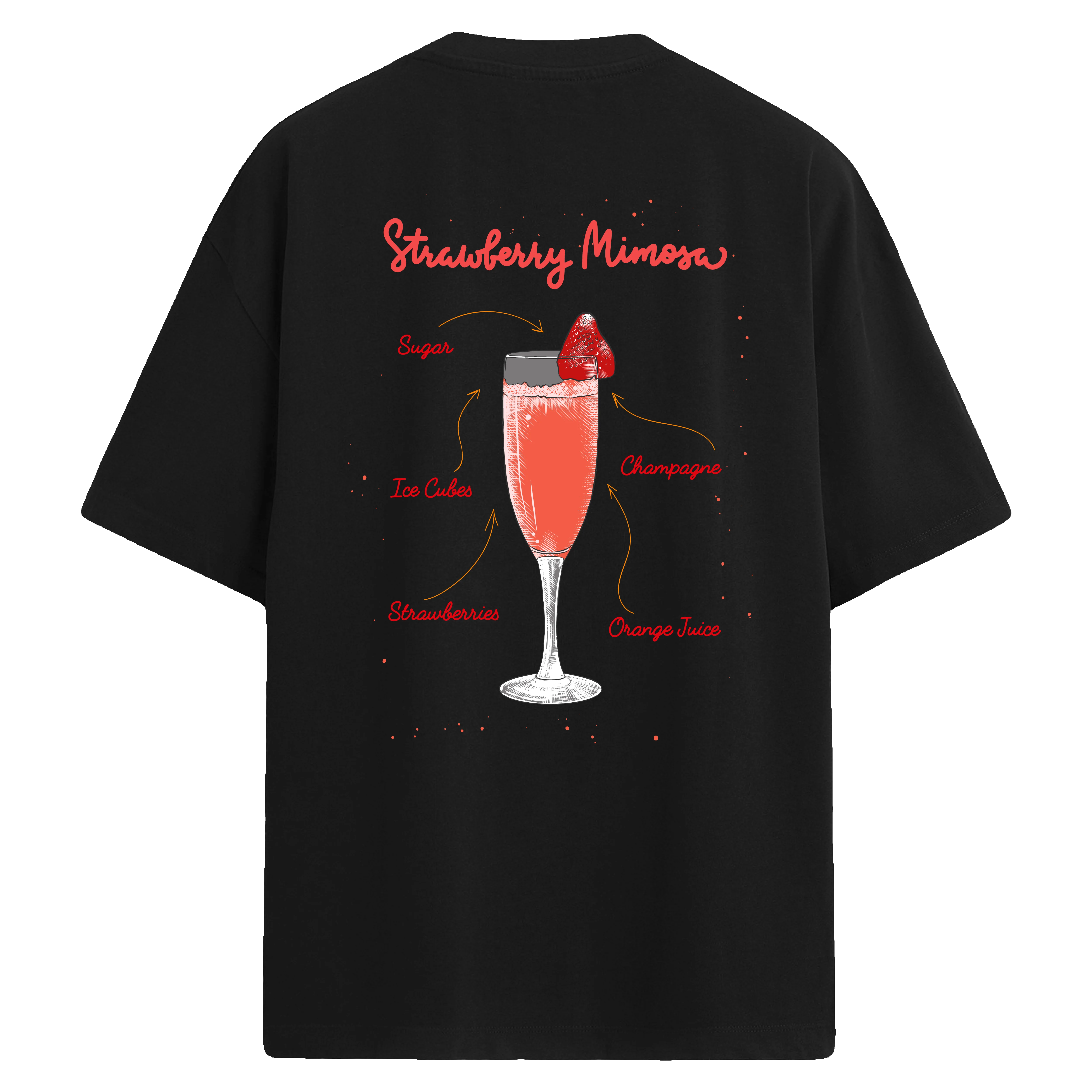 Strawberry Mimosa baskılı, çilekli kokteyl temalı sırt detaylı oversize tişört