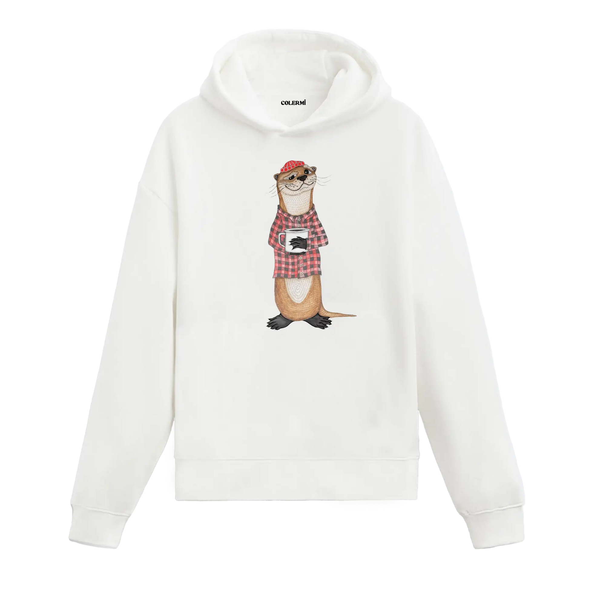 Ekose gömlek giyen, kahve kupası tutan su samuru figürlü Colermi hoodie.