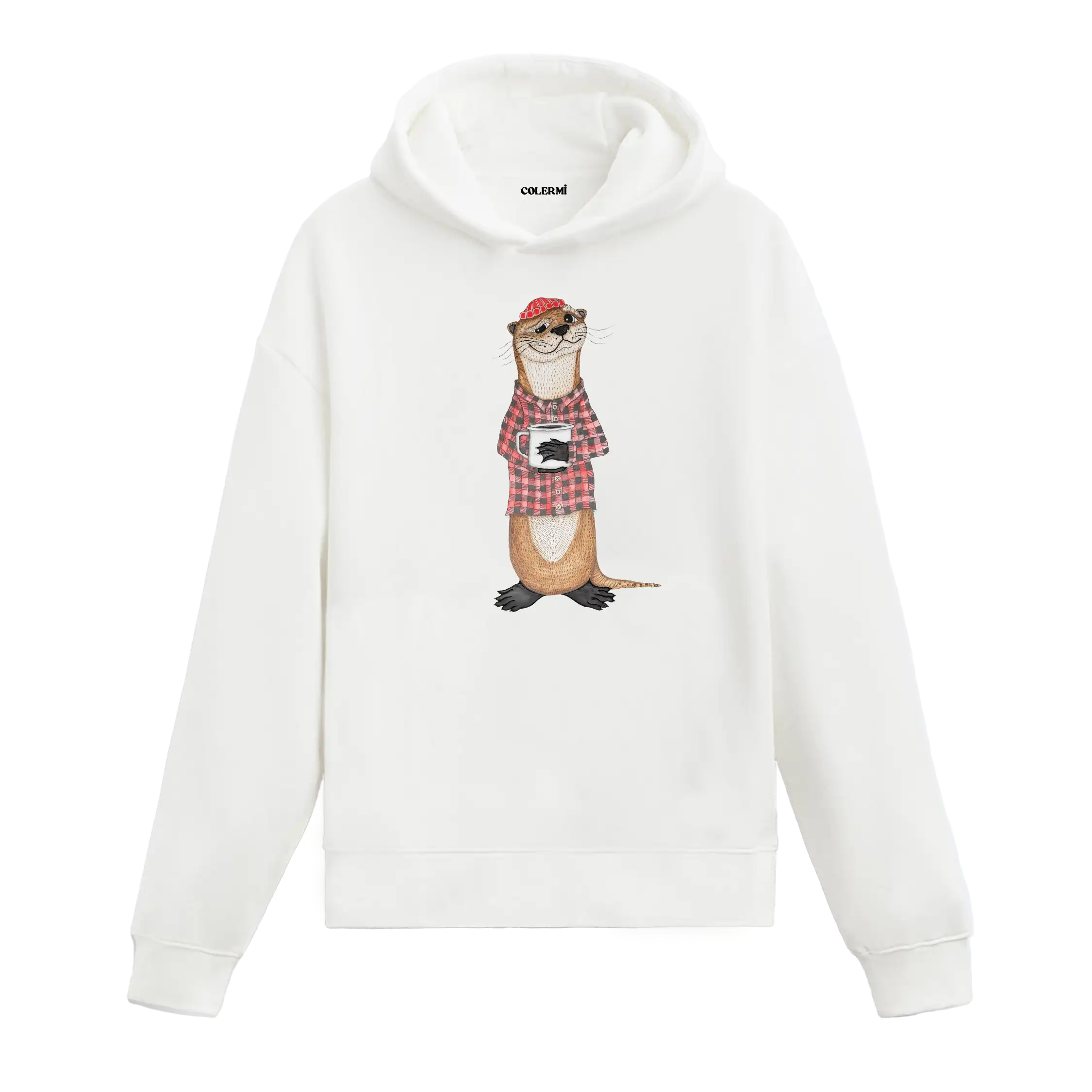 Ekose gömlek giyen, kahve kupası tutan su samuru figürlü Colermi hoodie.