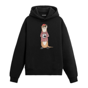 Ekose gömlek giyen, kahve kupası tutan su samuru figürlü Colermi hoodie.