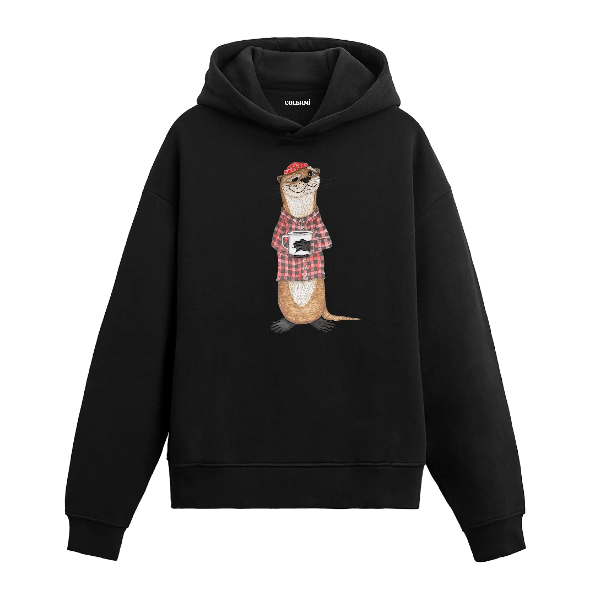 Ekose gömlek giyen, kahve kupası tutan su samuru figürlü Colermi hoodie.