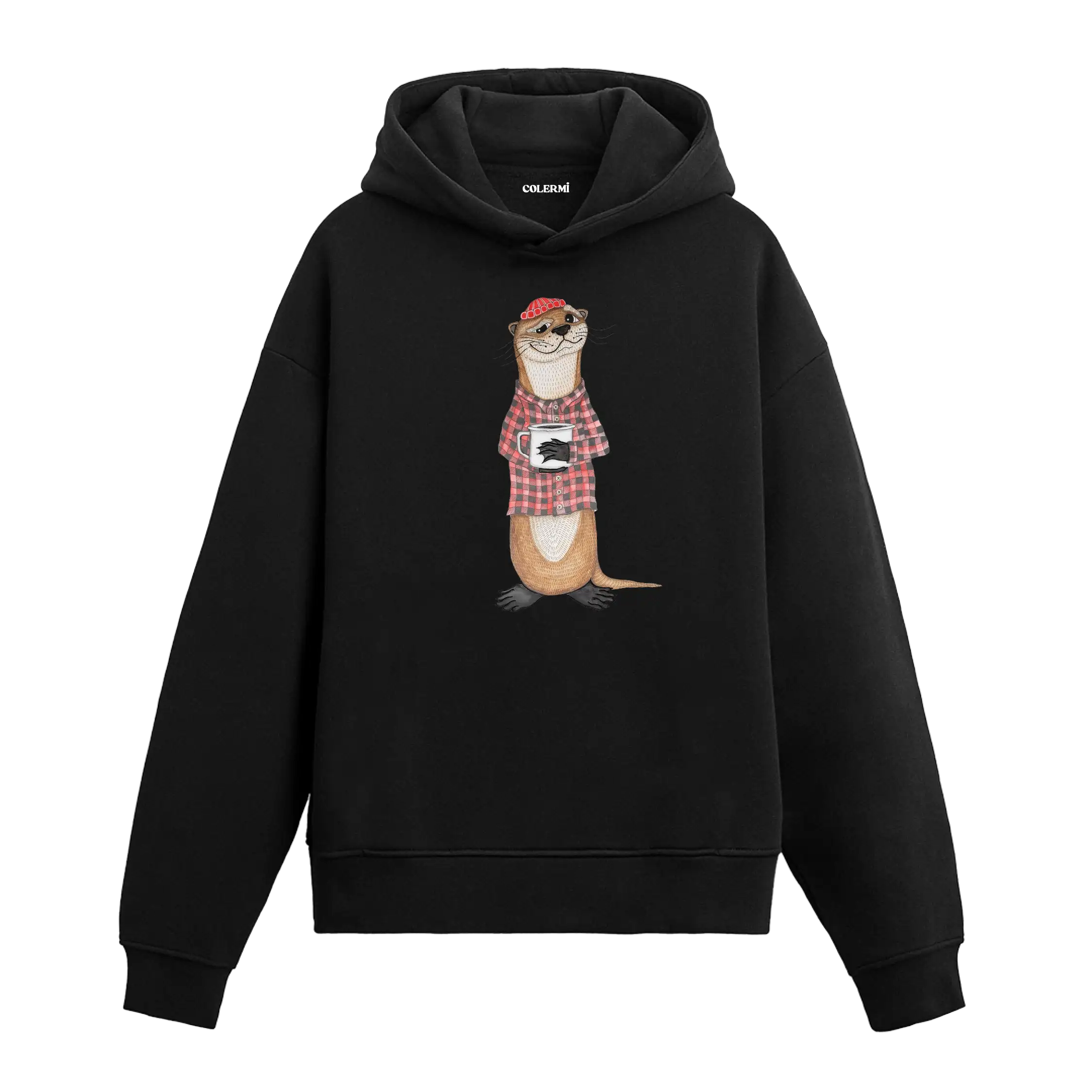 Ekose gömlek giyen, kahve kupası tutan su samuru figürlü Colermi hoodie.