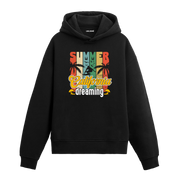 Summer California Dreaming yazılı siyah hoodie – palmiye ve sörf temalı renkli yaz tasarımı