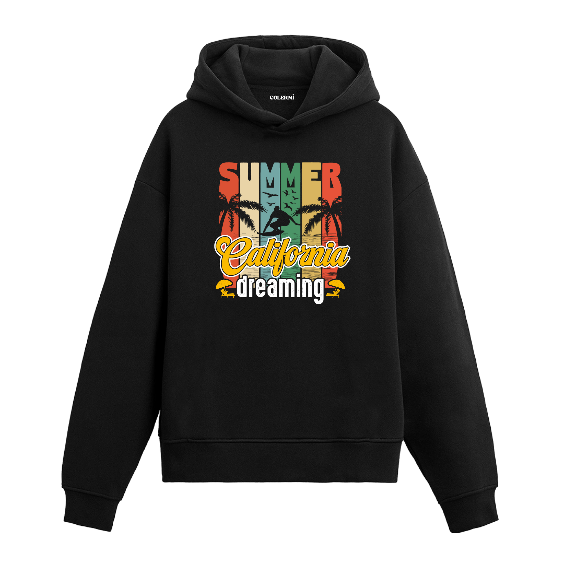 Summer California Dreaming yazılı siyah hoodie – palmiye ve sörf temalı renkli yaz tasarımı