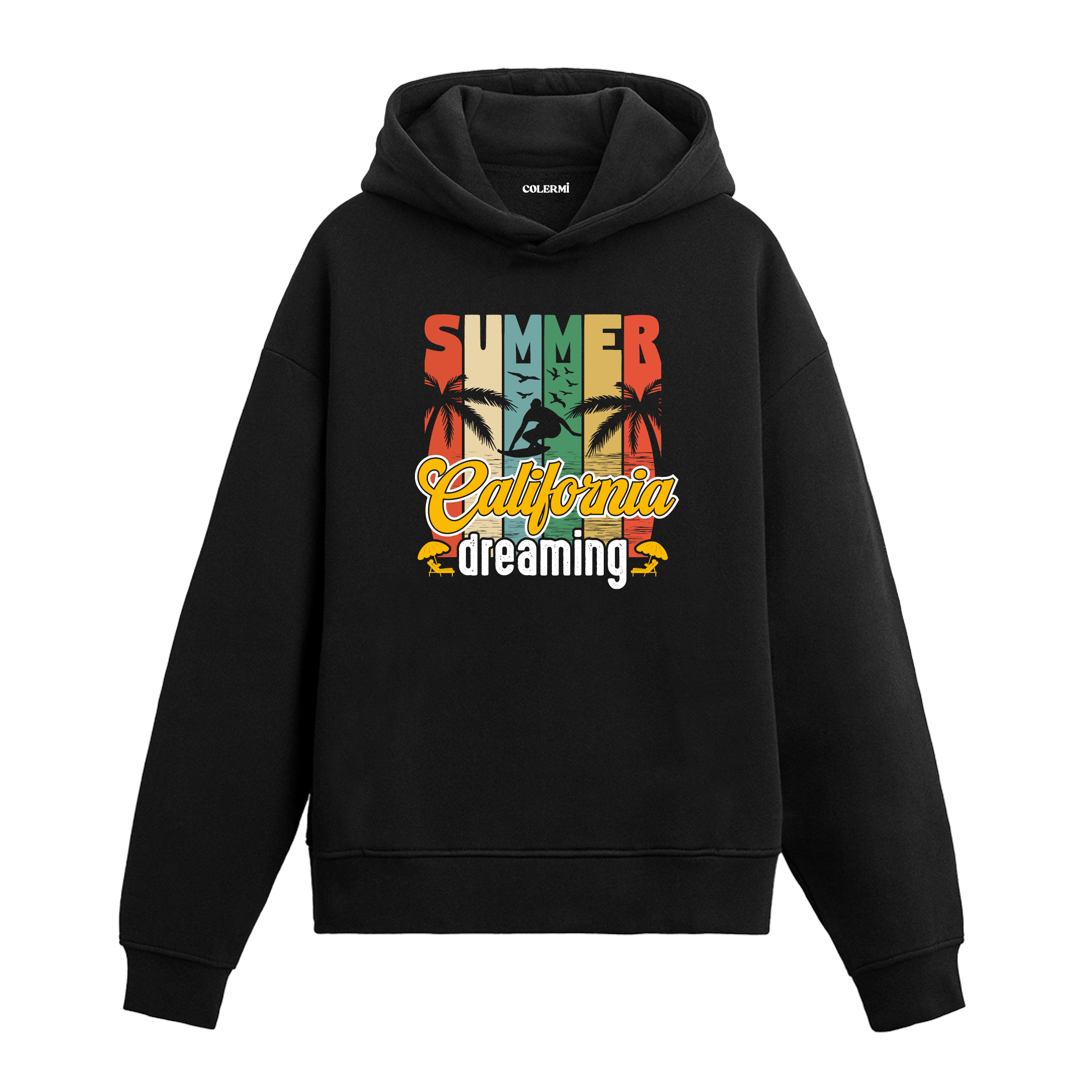 Summer California Dreaming yazılı siyah hoodie – palmiye ve sörf temalı renkli yaz tasarımı
