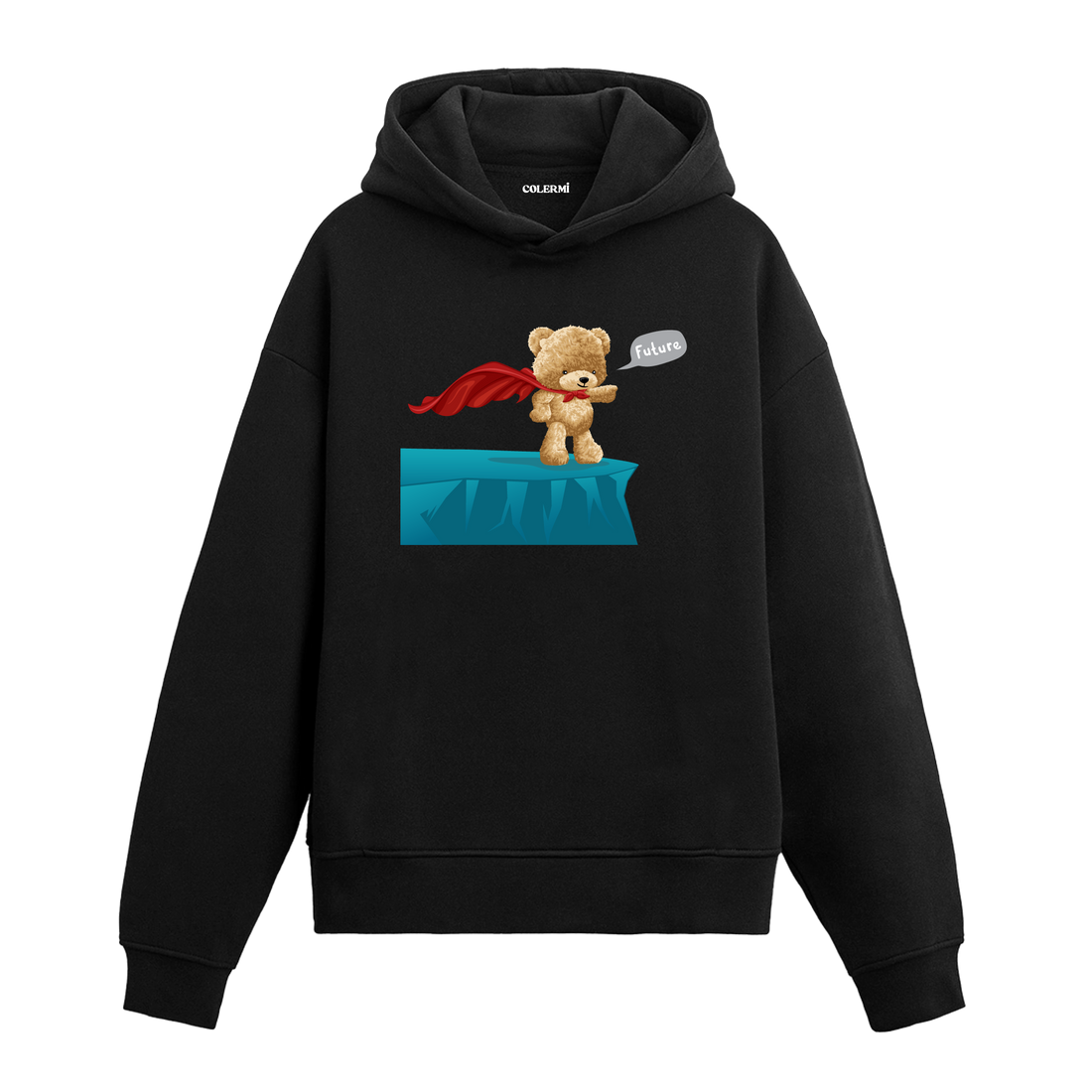 Kırmızı peleriniyle geleceğe bakan süper kahraman ayıcık figürlü hoodie tasarımı.