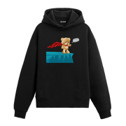 Kırmızı peleriniyle geleceğe bakan süper kahraman ayıcık figürlü hoodie tasarımı.