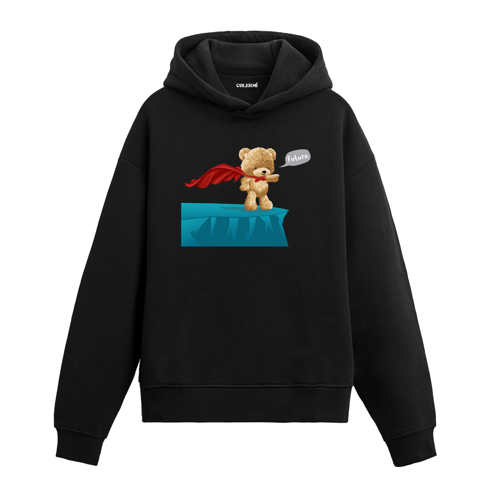 Kırmızı peleriniyle geleceğe bakan süper kahraman ayıcık figürlü hoodie tasarımı.