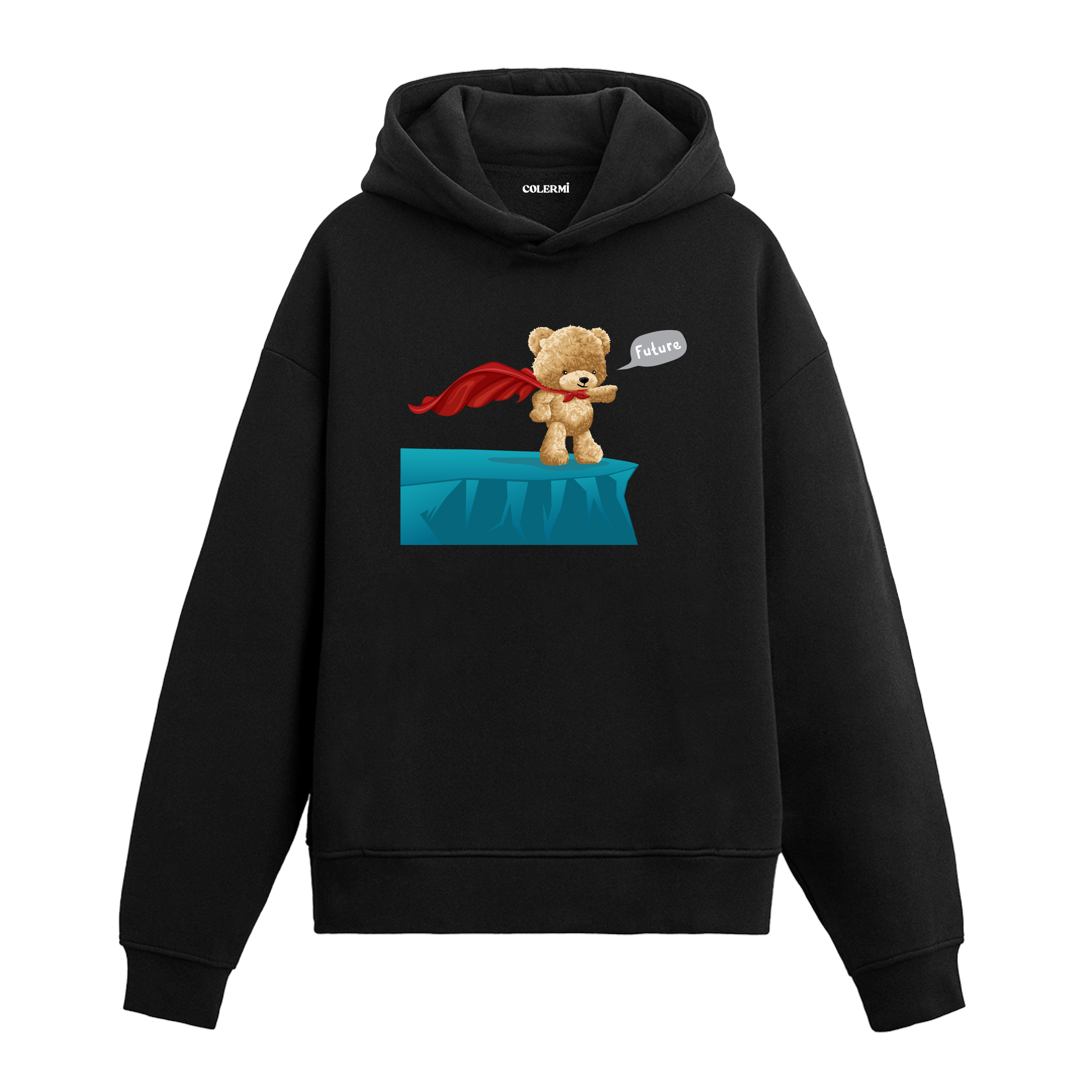 Kırmızı peleriniyle geleceğe bakan süper kahraman ayıcık figürlü hoodie tasarımı.