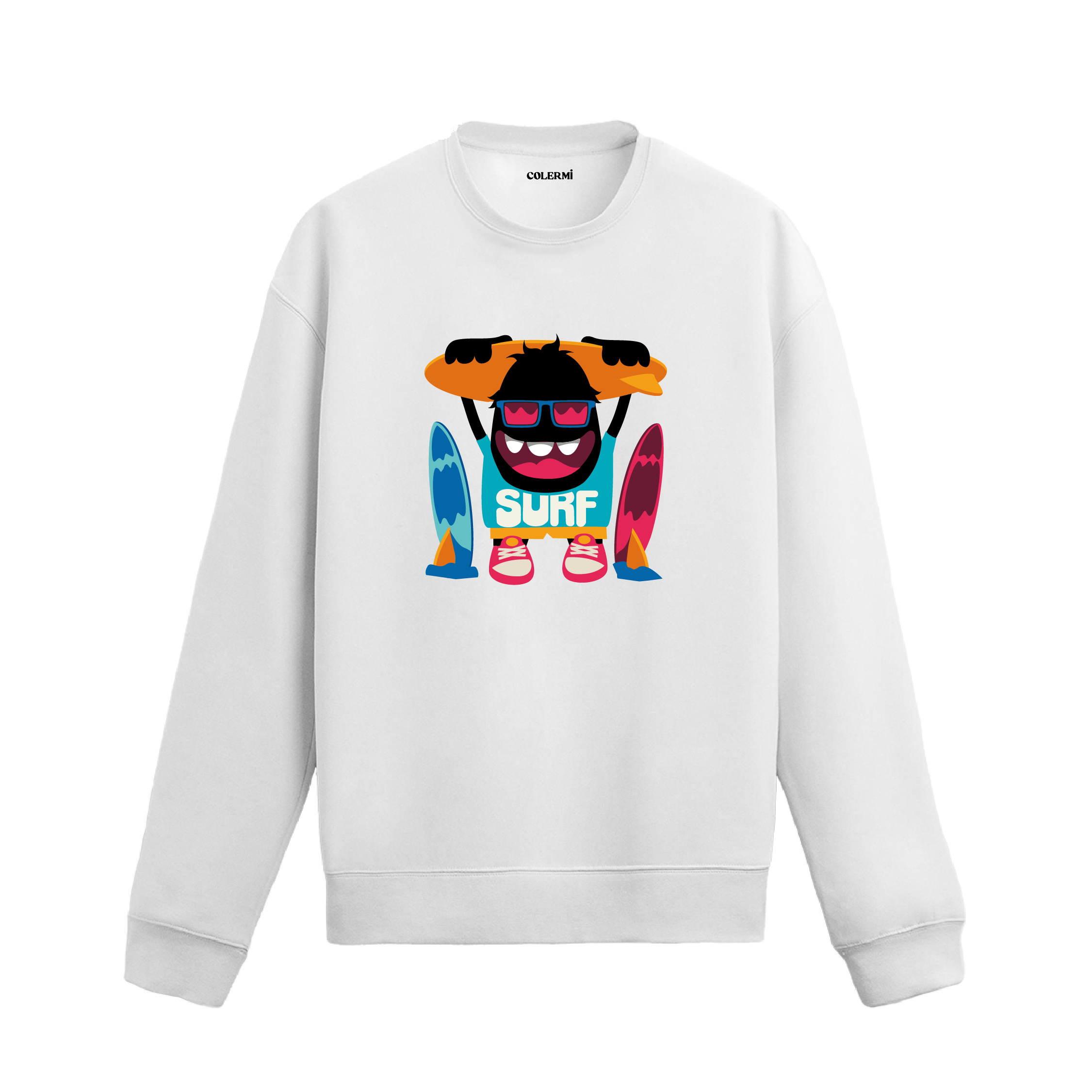 Beyaz sweatshirt üzerinde eğlenceli surf karakter tasarımı
