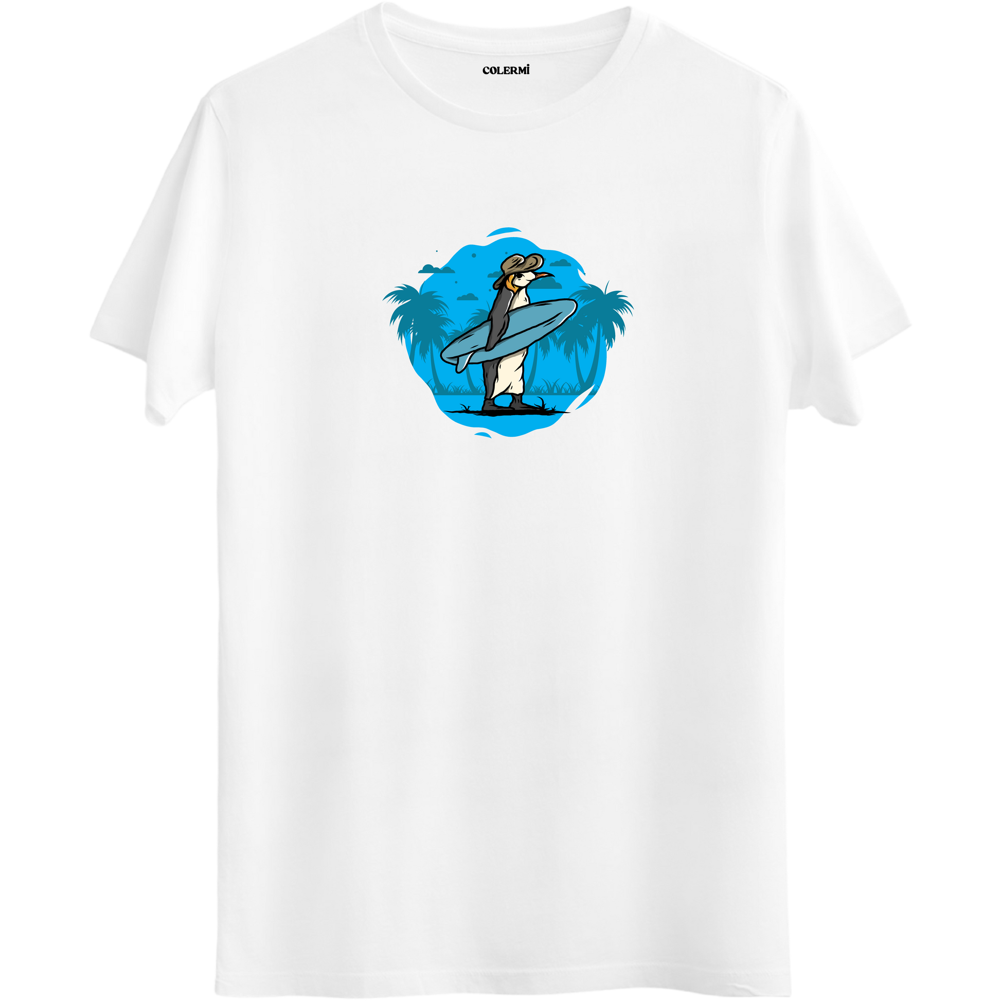 Beyaz tişört üzerinde sörf tahtası taşıyan Surfie penguen tasarımı