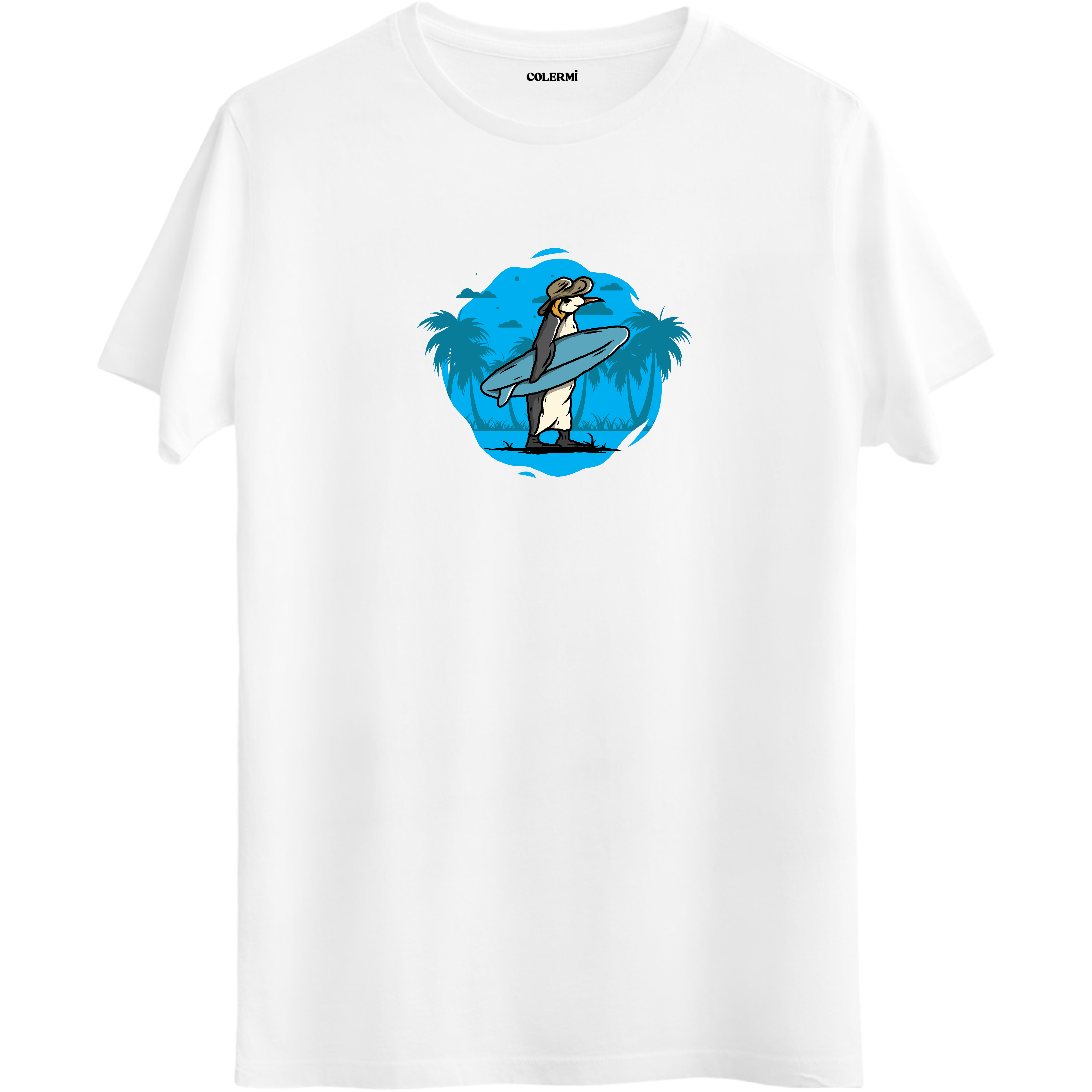 Beyaz tişört üzerinde sörf tahtası taşıyan Surfie penguen tasarımı