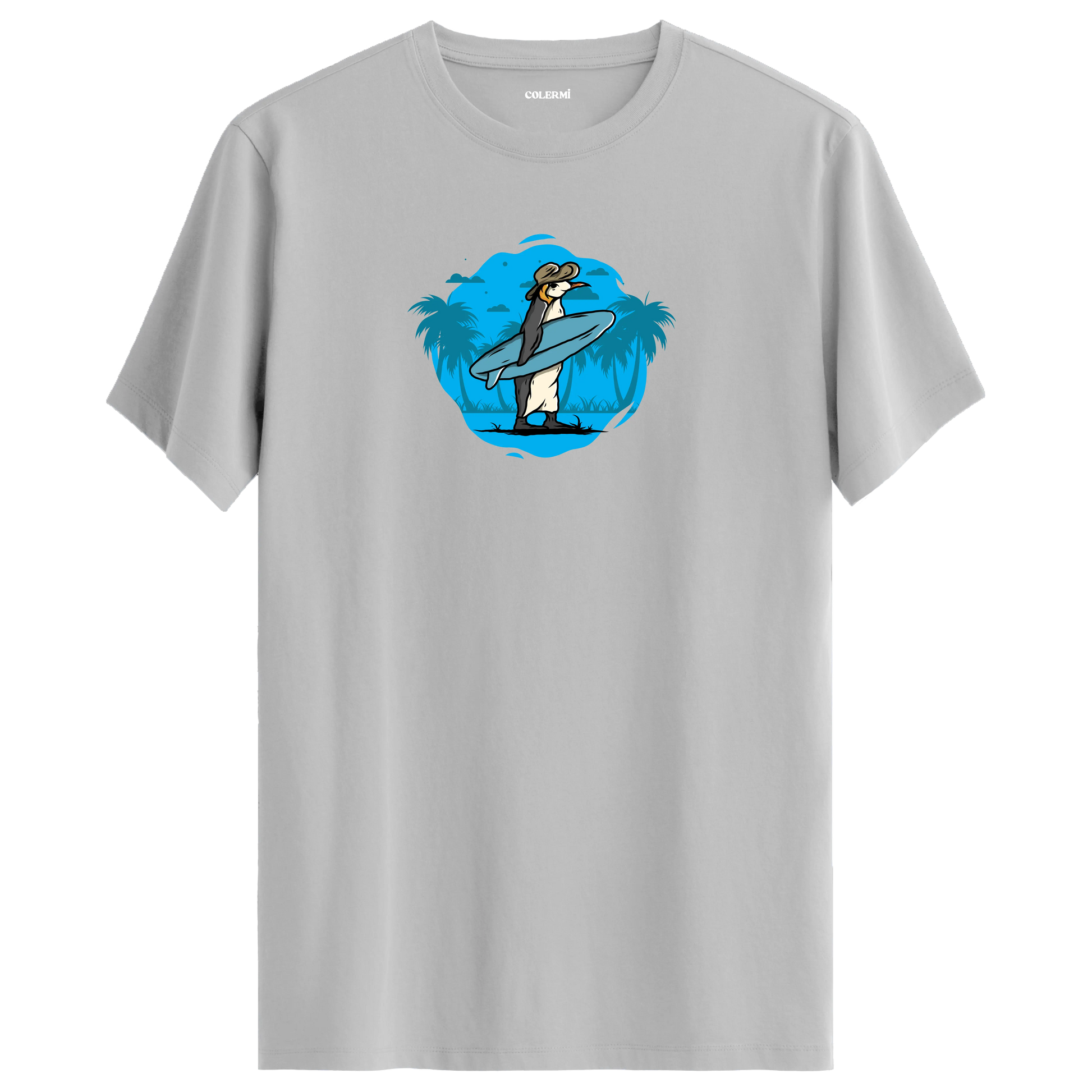 Gri tişört üzerinde sörf tahtası taşıyan Surfie penguen tasarımı