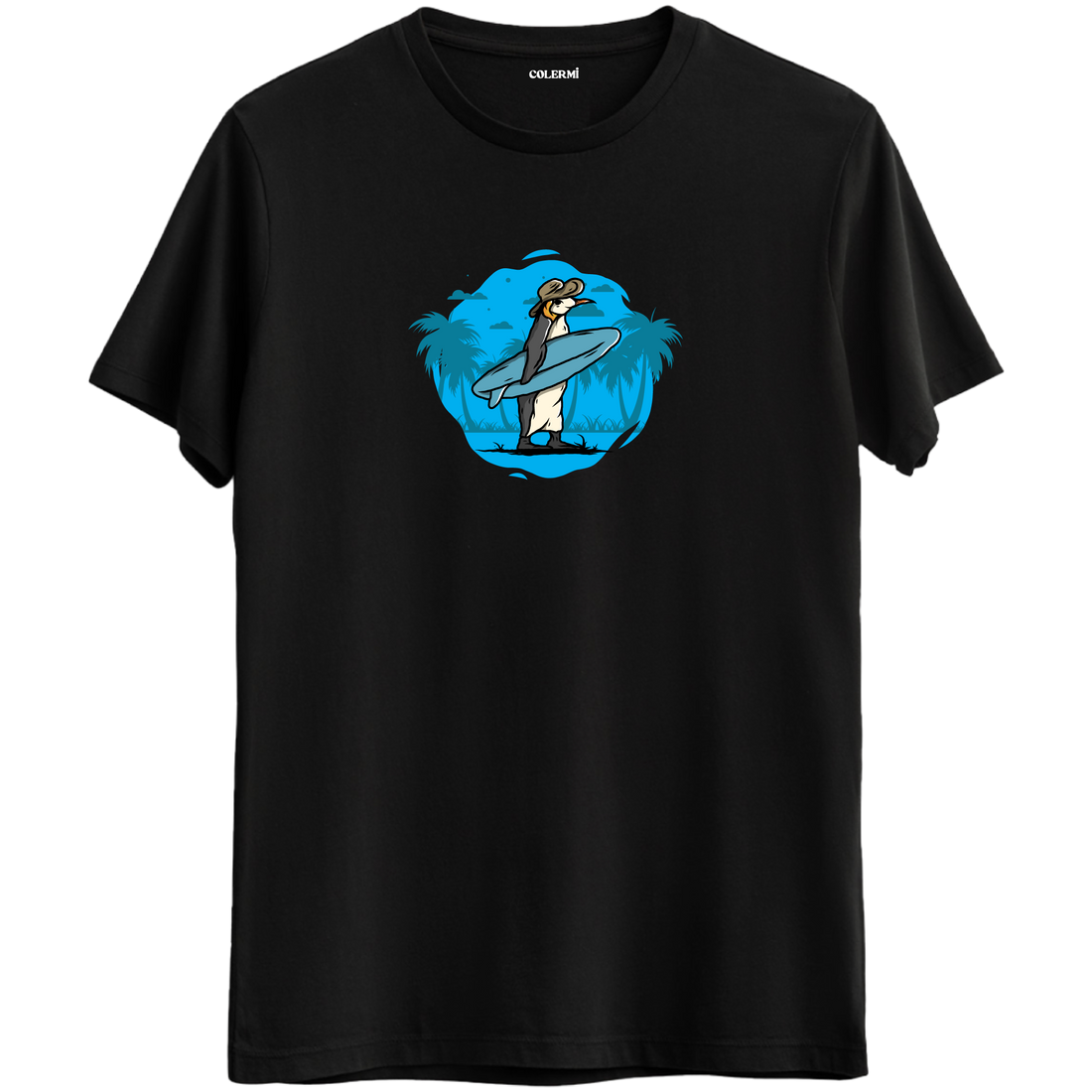 Siyah tişört üzerinde sörf tahtası taşıyan Surfie penguen tasarımı