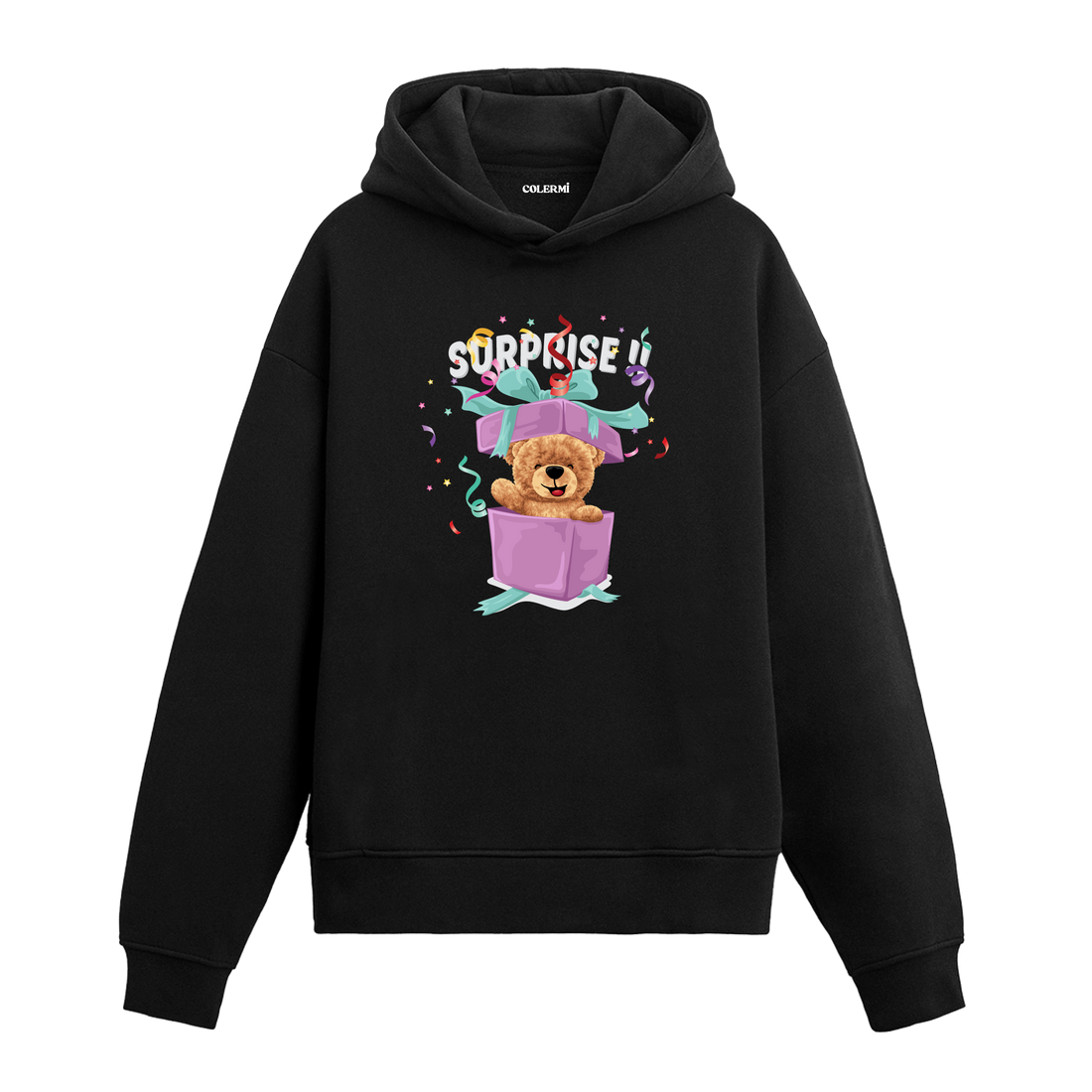 Kutudan çıkan sevimli ayıcık figürü ve renkli konfeti detaylı hoodie tasarımı.