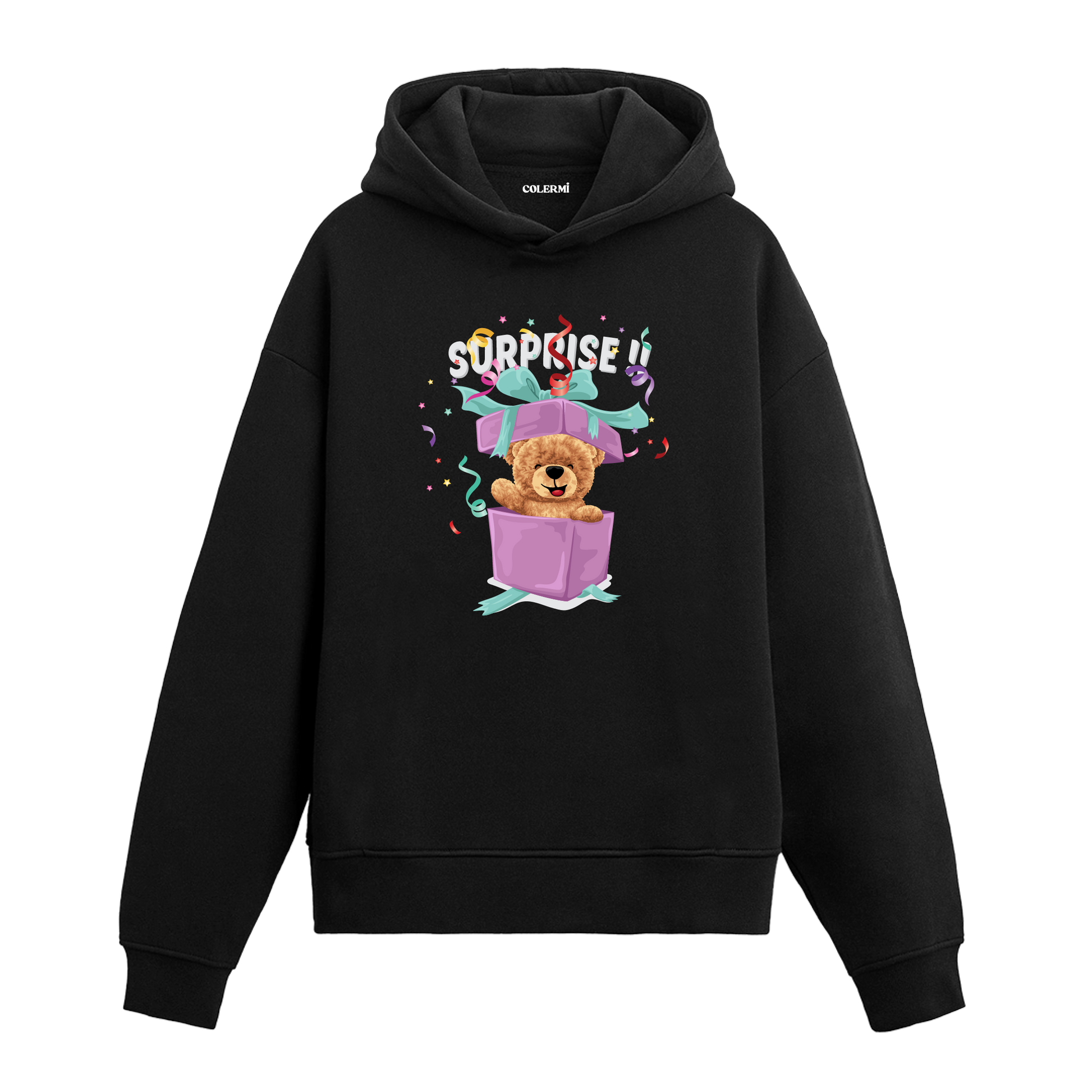Kutudan çıkan sevimli ayıcık figürü ve renkli konfeti detaylı hoodie tasarımı.