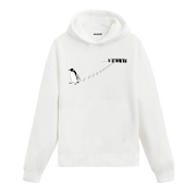 Sürüden ayrılan penguen baskılı kapüşonlu sweatshirt, kalabalıktan farklı yöne yürüyen penguen tasarımı