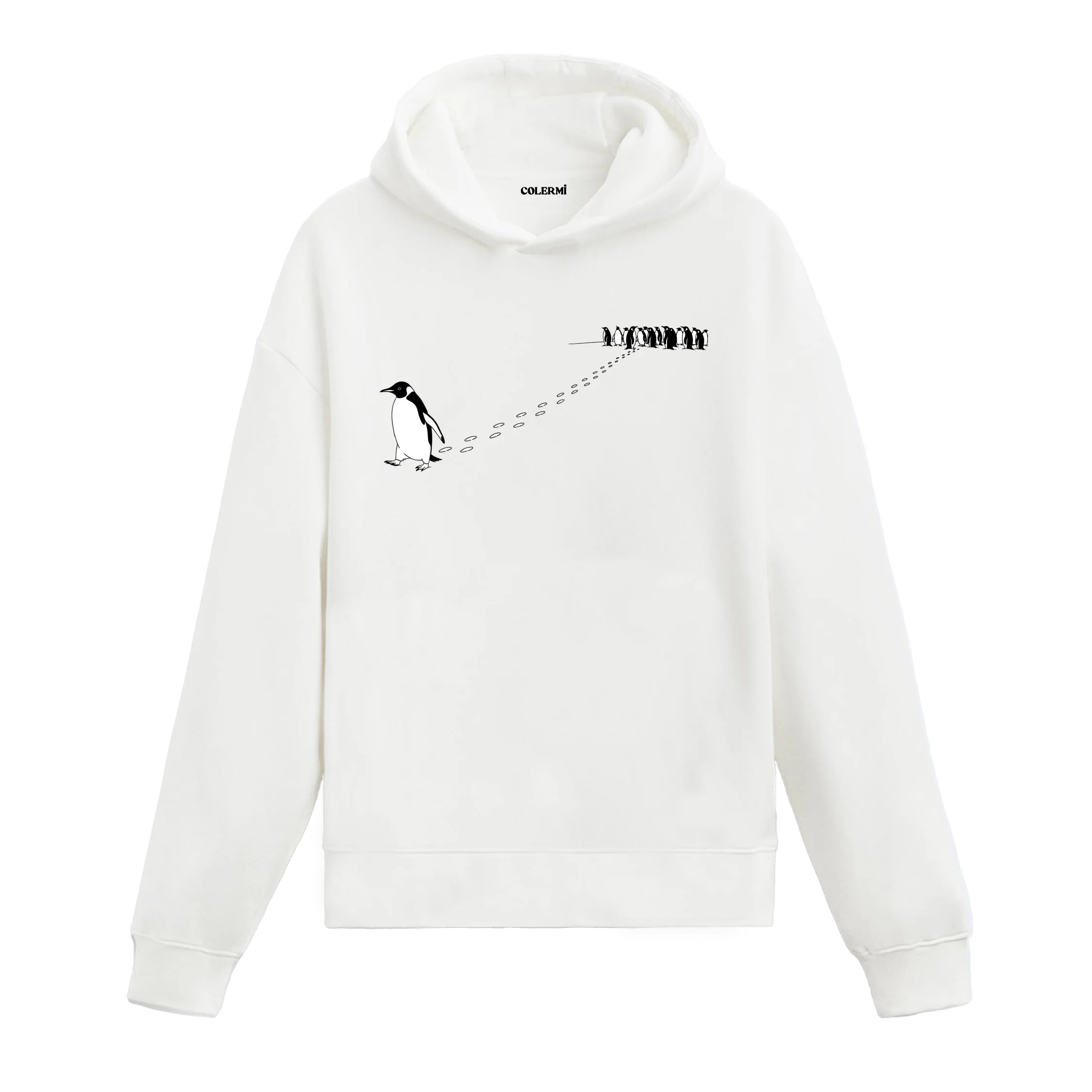 Sürüden ayrılan penguen baskılı kapüşonlu sweatshirt, kalabalıktan farklı yöne yürüyen penguen tasarımı